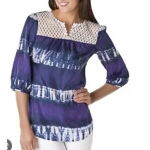 Whimsical purple tie dyed 3/4 length sleeve 100% silk blouse w/fishnet yoke, S